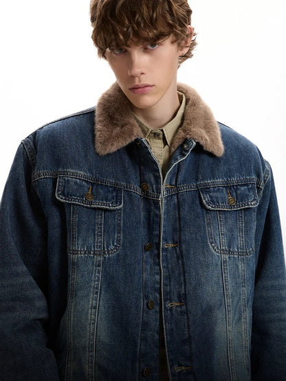 Durable Style Brushed Fur Collar Denim Jacket