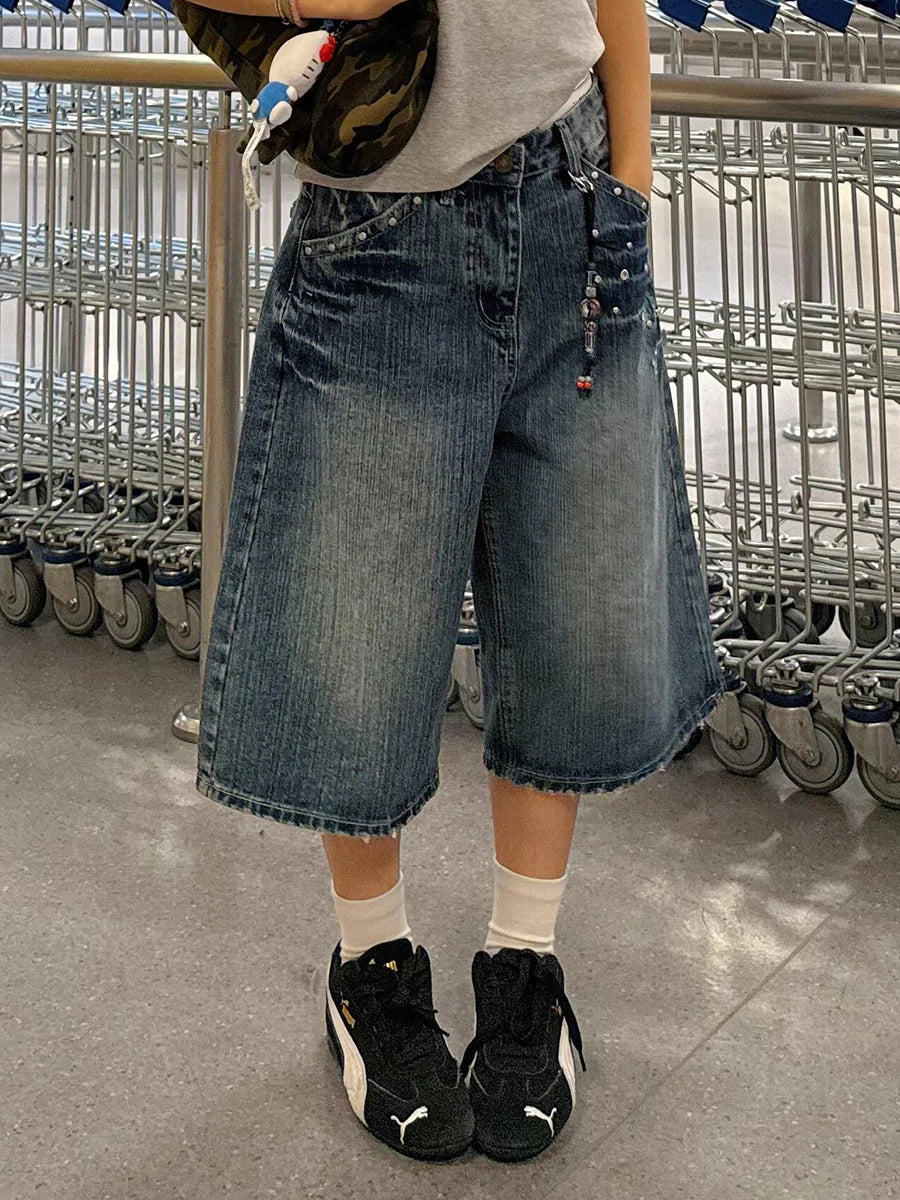 Streetwear Washed Punk Rivets Denim Jorts