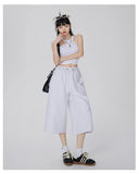 Women Y2K White Wide Leg Drawstring Jorts
