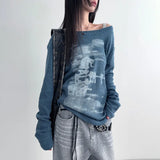 Vintage Graphic Printing Skew Collar Sweater