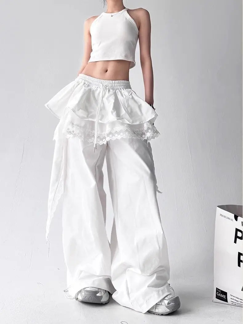 Contrasting Color Patchwork Lace Wide Pants