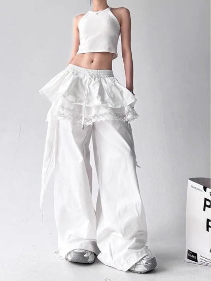 Contrasting Color Patchwork Lace Wide Pants
