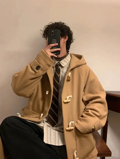 Vintage Horn Buckle Woolen Hooded Coat
