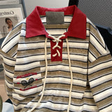 Vintage Striped Patchwork Lace-Up Polo T-Shirt