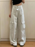 Cool Streetwear Beige High Waisted Cargo Jeans