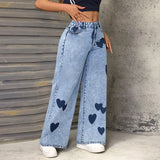 Y2K Heart Print Mid-Waisted Casual Jeans