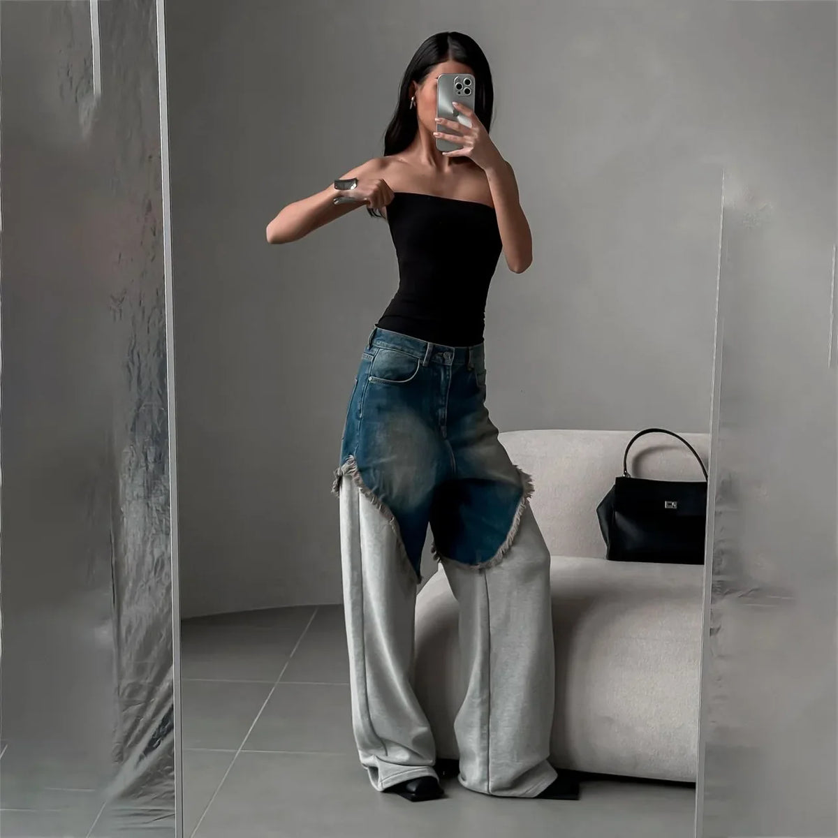 Distressed Patchwork Wide Leg Denim Pants