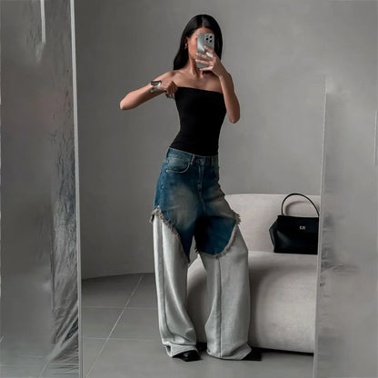 Distressed Patchwork Wide Leg Denim Pants