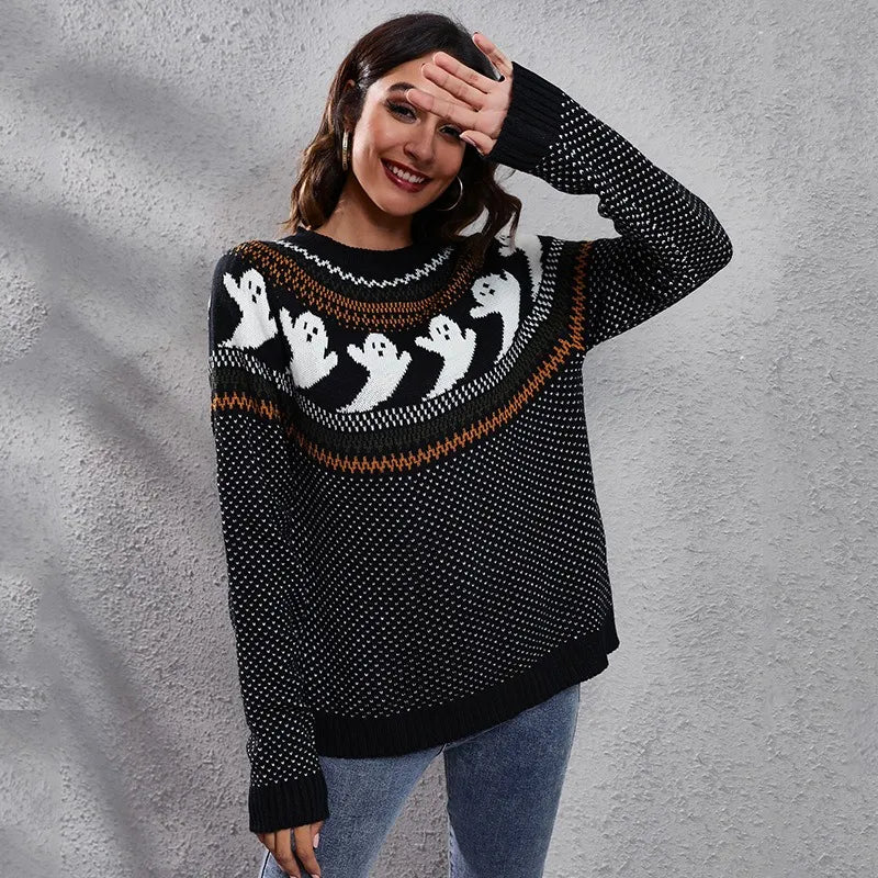 Halloween Ghosts Print Knitted Sweater