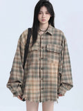 Women Streetwear Vintage Plaid Tassel Long Sleeve Shirt