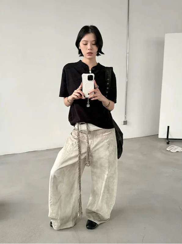 Women Trendy Vintage American Washed Wide Leg Jeans