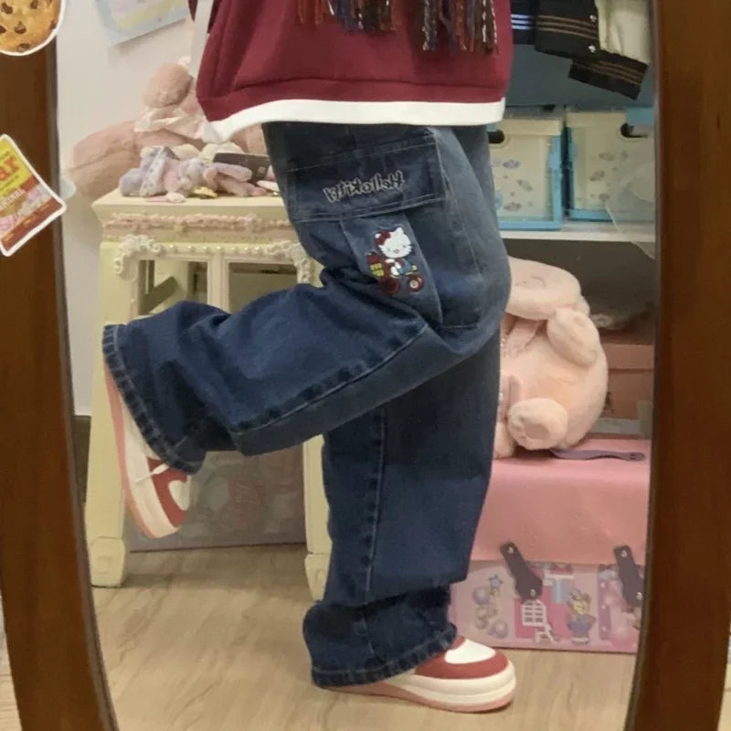 Model wearing the blue Embroidered Cargo Pants