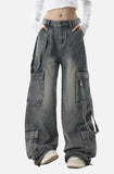 Women Gray High Waist Wide Leg Blue Baggy Jeans