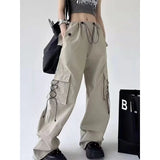 American Style Solid Pleated Wide Leg Cargo Pants