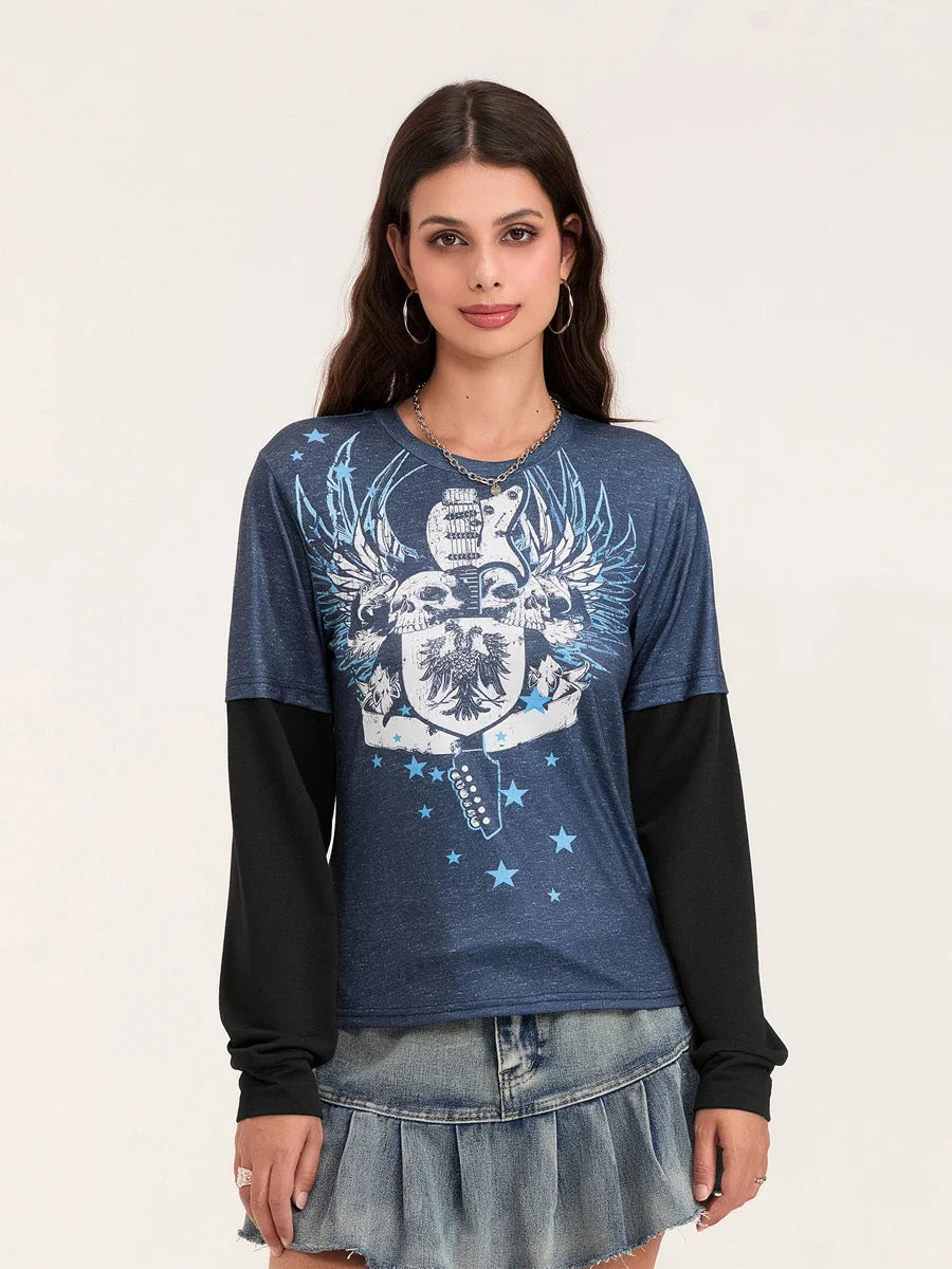 Women Patchwork Gothic Crew Neck T-Shirt