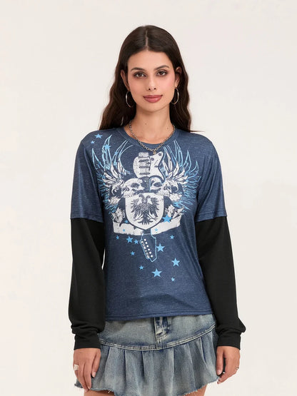Women Patchwork Gothic Crew Neck T-Shirt