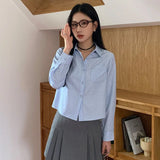Women Classic Chic Blue Striped Long Sleeve Shirt