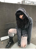 Dark Cat Ear Ripped Grunge Hoodie