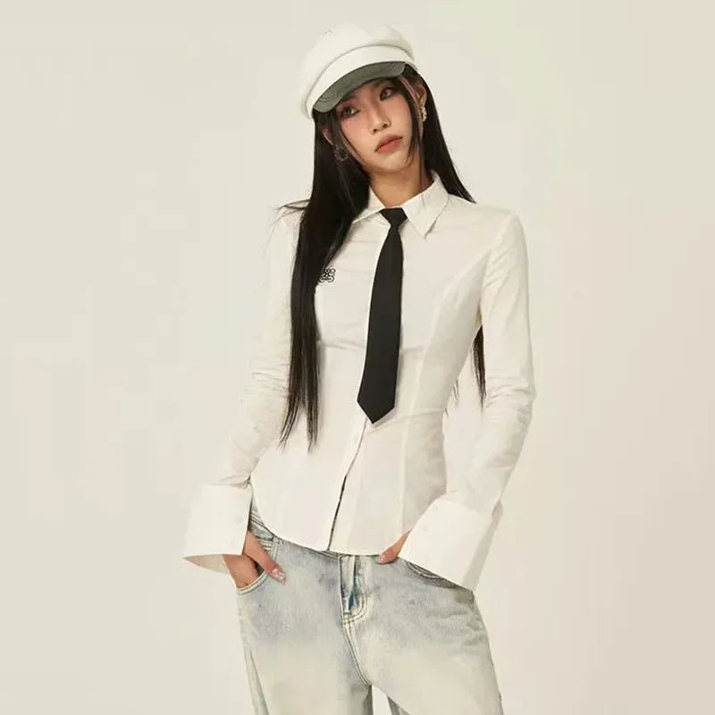 Women Stylish Trendy White Slim Fit Tie Shirt