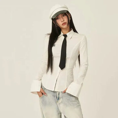 Women Stylish Trendy White Slim Fit Tie Shirt