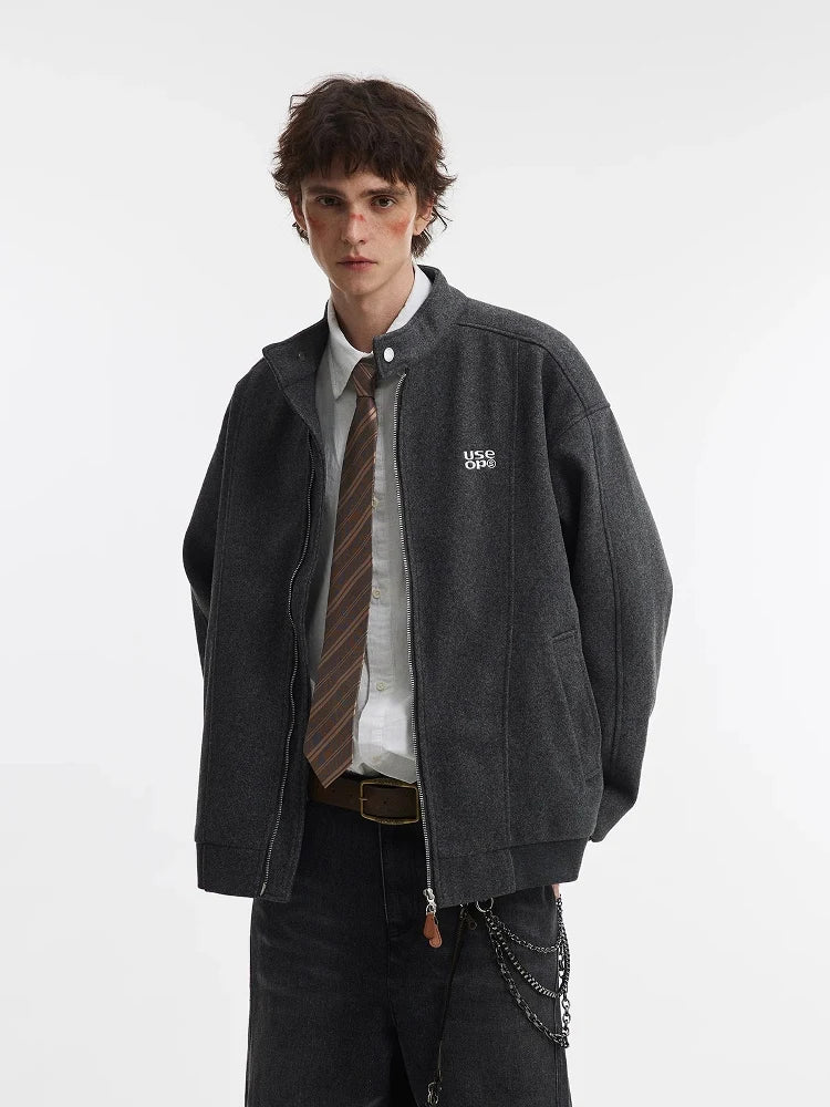 Oatmeal Melange Minimalist Stand Collar Bomber Jacket