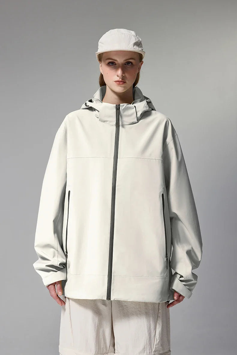 Model wearing the white High-Collar Zipper Jacket