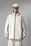Model wearing the white High-Collar Zipper Jacket