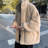 Double Sided Color Block Woolen Faux Fur Jacket