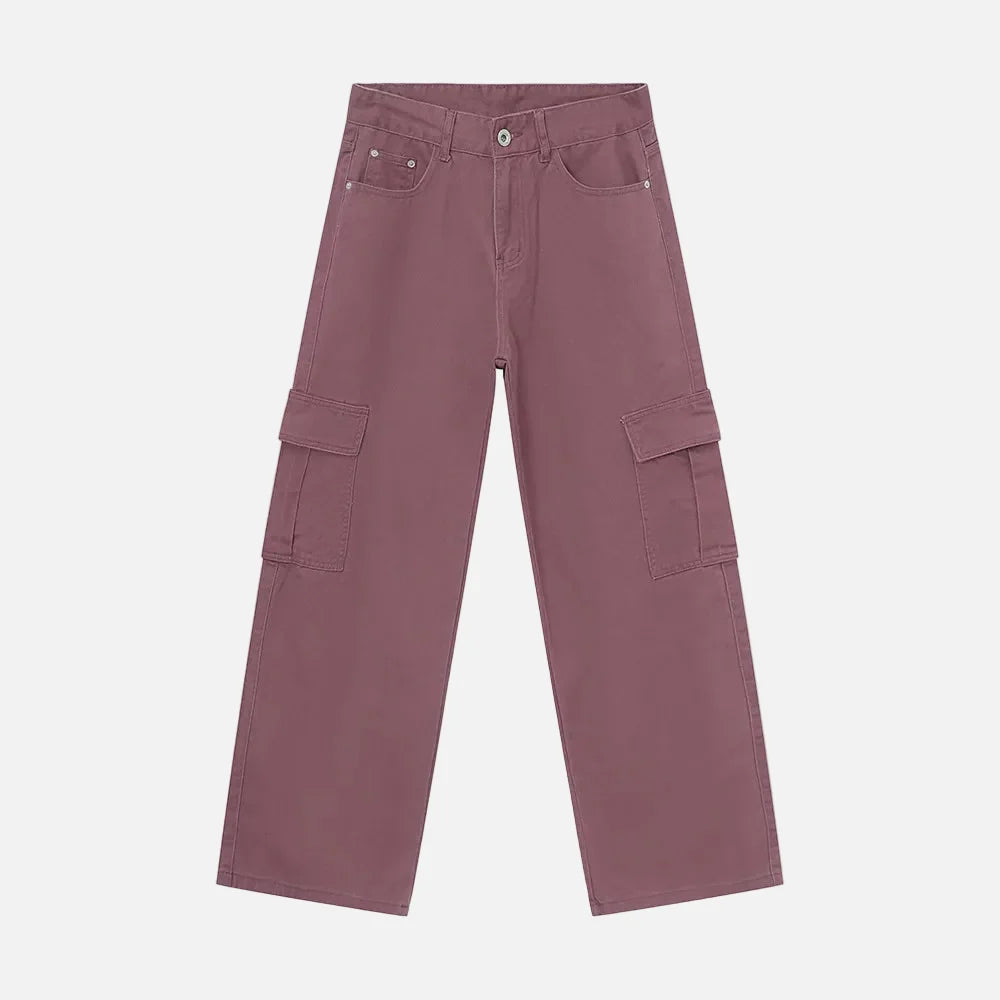 Trendy Solid Color Washed Denim Cargo Jeans