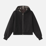 Chic Plaid Colorblock Double Zipper Hooded Sweatshirt
