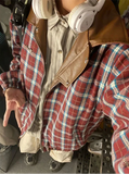 Women Reversible Bouble Face Plaid Biker Leather Jacket