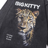 Oversized Washed Black Tiger Graphic Long Sleeve T-Shirt