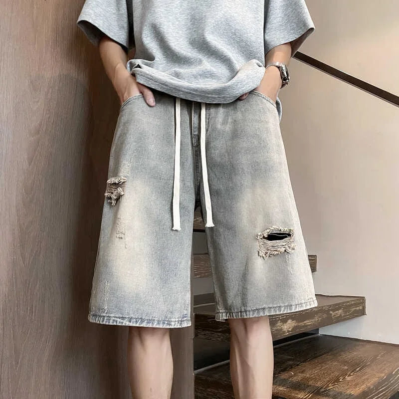 Men's Vintage Distressed Drawstring Denim Short