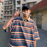 Japanese Style Color Blocked Striped Lapel T-Shirt