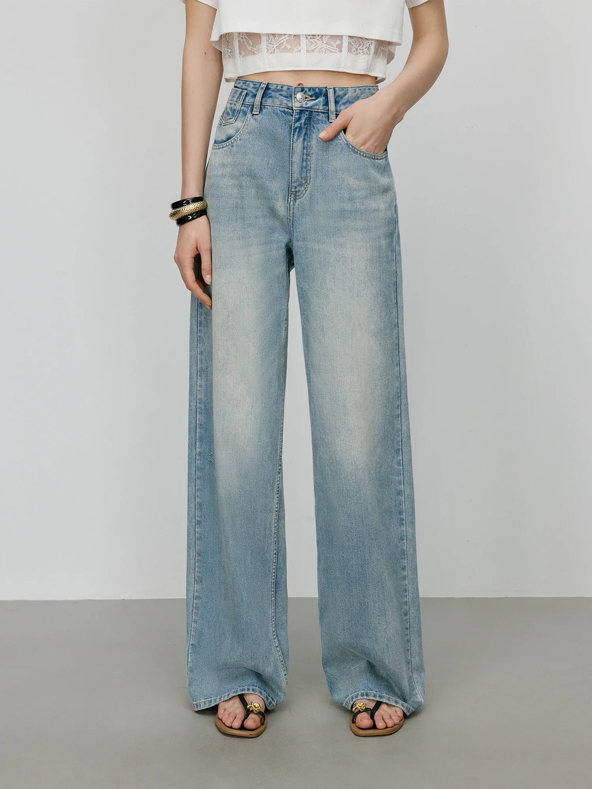 Vintage Wash Distressed Relaxed Straight Jeans