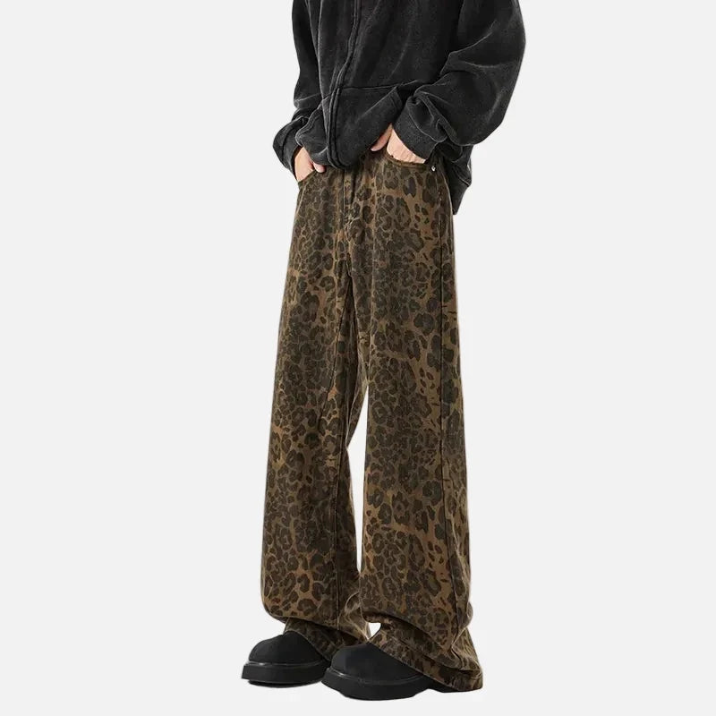 Streetwear Leopard Print Wide Leg Denim Jeans