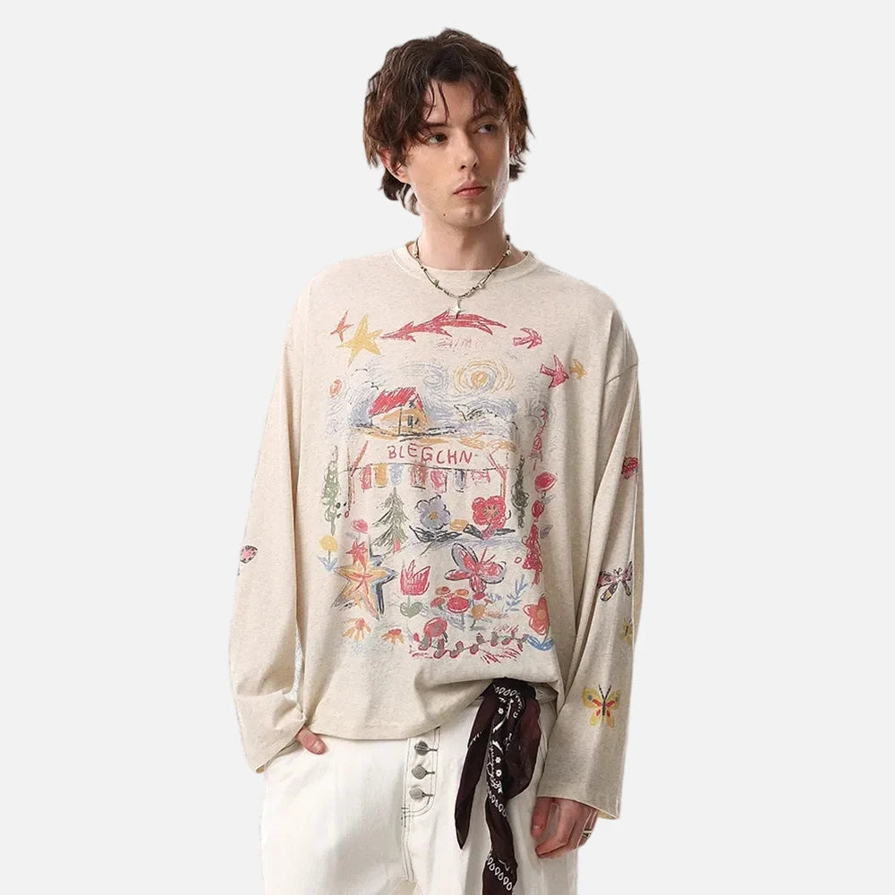 Flattering Graffiti Print Long Sleeve T-Shirt