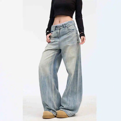 Blue Splicing Straight Leg Oversized Jeans