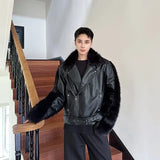 Streetwear Fur Splicing PU Leather Motorcycle Jacket