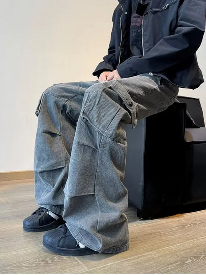 Y2K Streetwear Vintage Cyber Gray Pleated Baggy Jeans