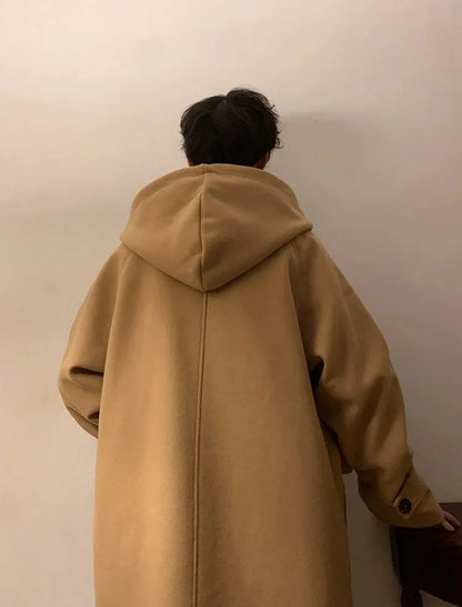 Vintage Horn Buckle Woolen Hooded Coat