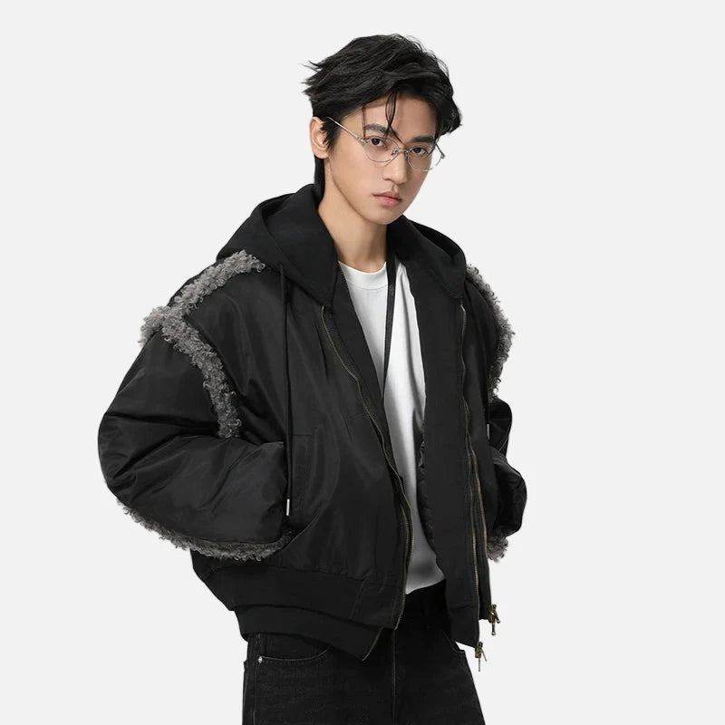 Stylish Patchwork Frayed Hooded Baseball Jacket