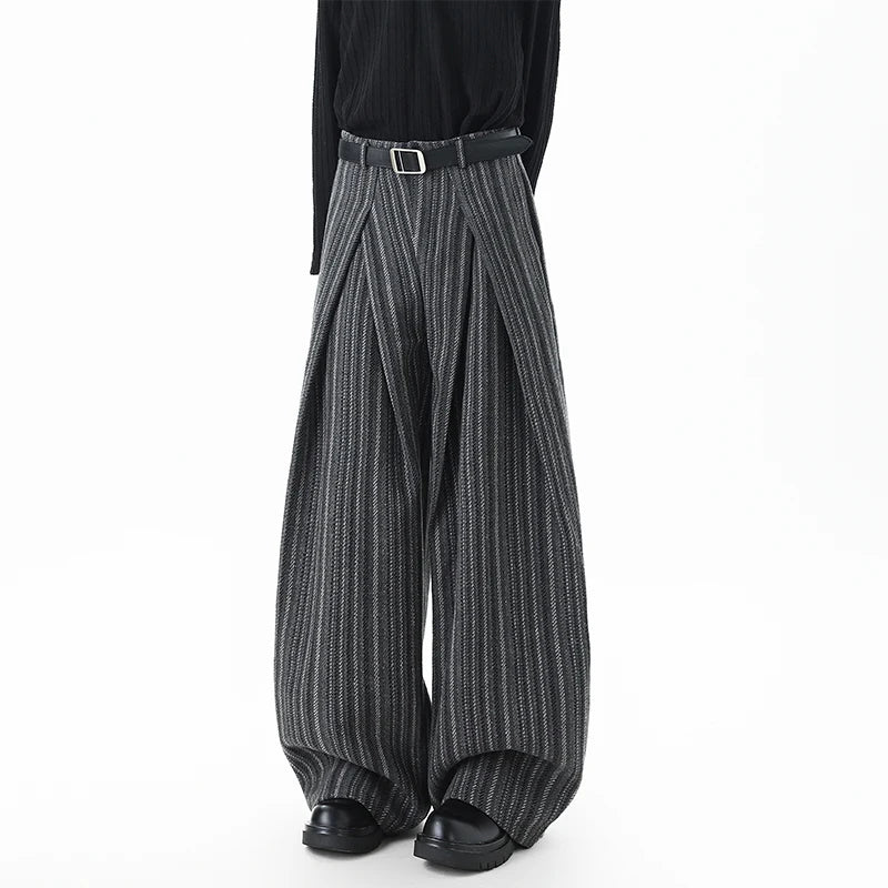 Striped Solid Color Woolen Pleated Wide Leg Pants