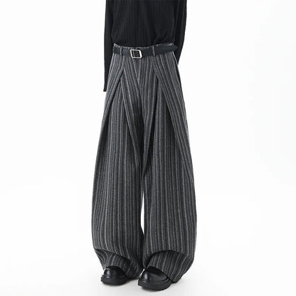 Striped Solid Color Woolen Pleated Wide Leg Pants