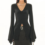 Gothic Flare Sleeve V-Neck Blouses T-Shirt