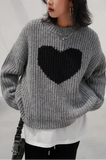 Heart Print Gray Knitted Oversize Sweater