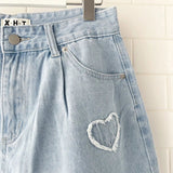 Denim Sky Blue Heart Embroidery Shorts