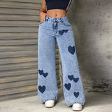 Y2K Heart Print Mid-Waisted Casual Jeans