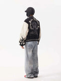 Flame Mixed Knit Embroidery Colorblock Jacket