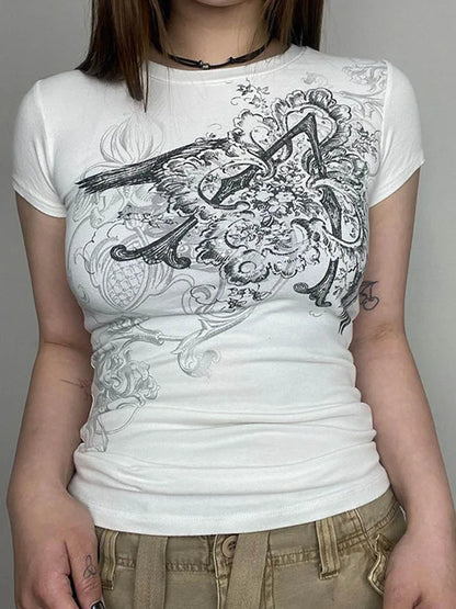 Model wearing the white Y2K Graphic Crop T-Shirt